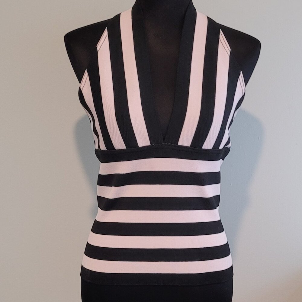 Veronique Young for Collection Pink-Black Striped Stretch Halter Top Size 12